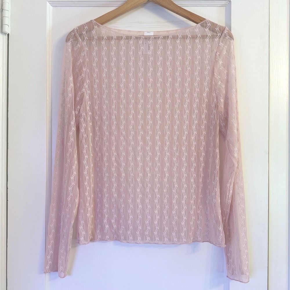 Wild Fable Pink Sheer Mesh Floral Lace Stripe Long Sleeve Top XL NWOT